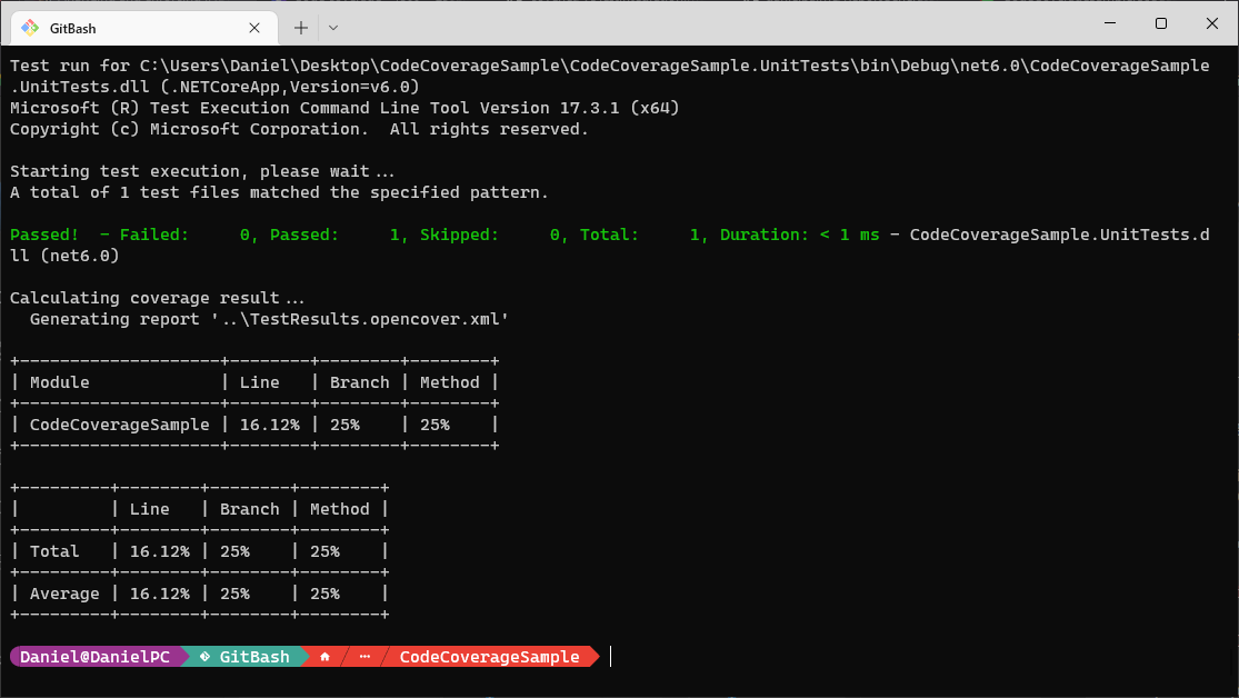 Code coverage results on the command line