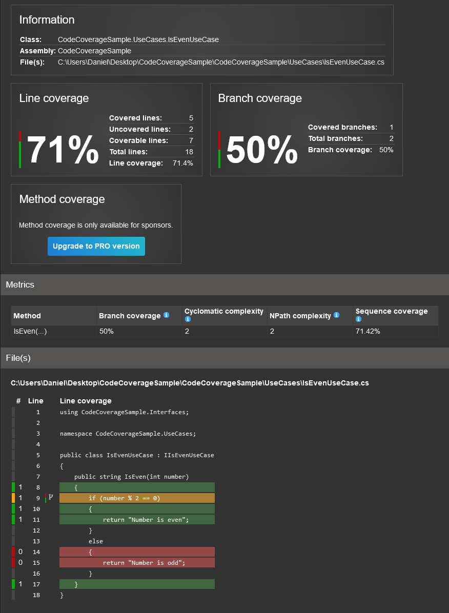 Details of a class on the HTML report