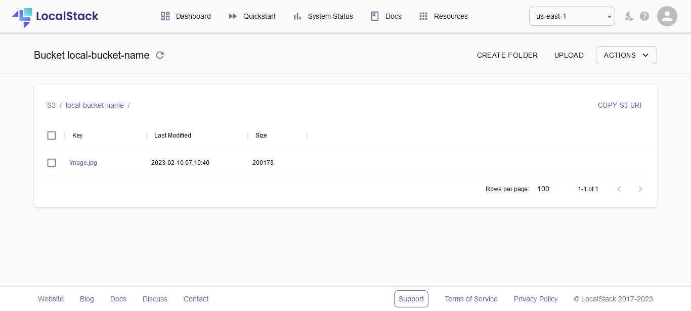 LocalStack dashboard showing a bucket content