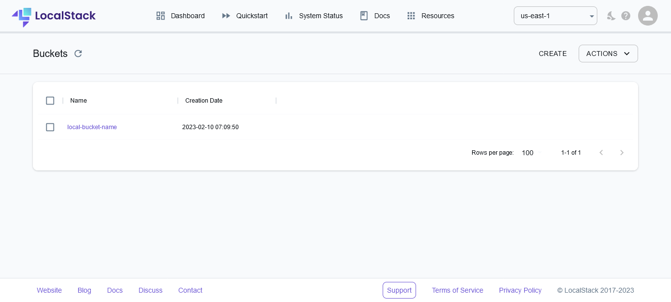 LocalStack dashboard showing the local buckets