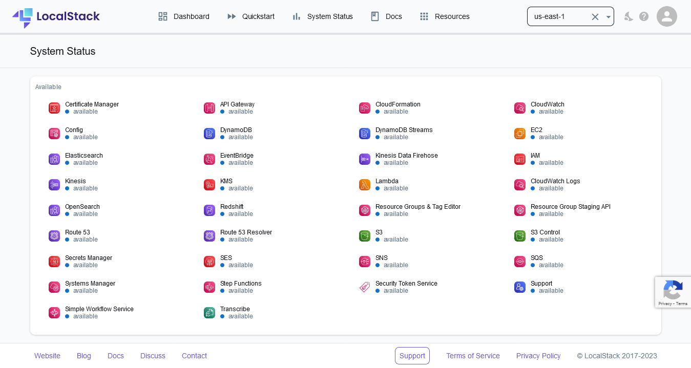 LocalStack dashboard showing the services statuses