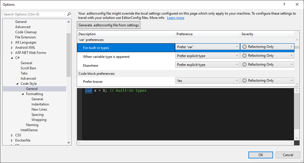 Configuring code style rules for the EditorConfig file