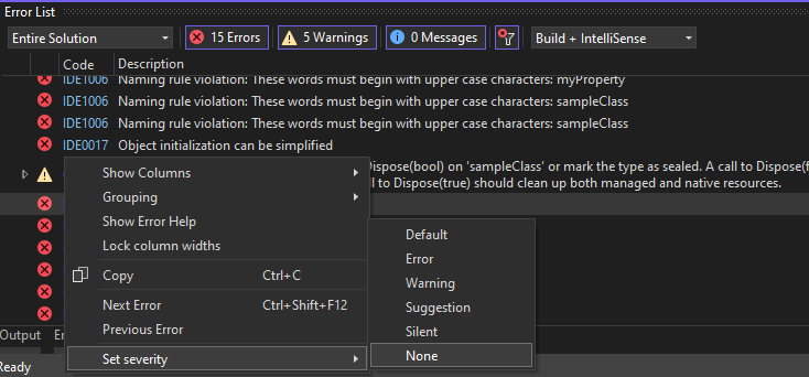 Setting severity for a rule