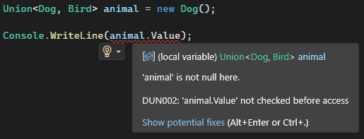 DUN002 - ‘animal.Value’ not checked before access