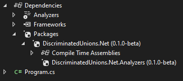Project dependency showing the DiscriminatedUnions.Net and DiscriminatedUnions.Net.Analyzers